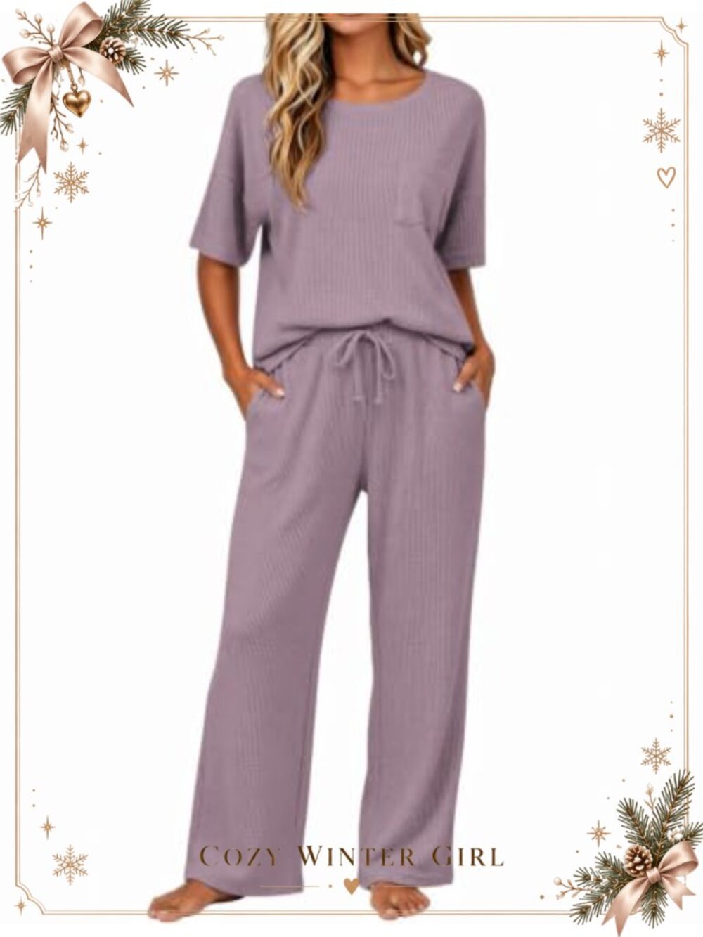 Waffle Knit Short Sleeve Top & Long Pajama Pants Set Soft Sleepwear Lounge